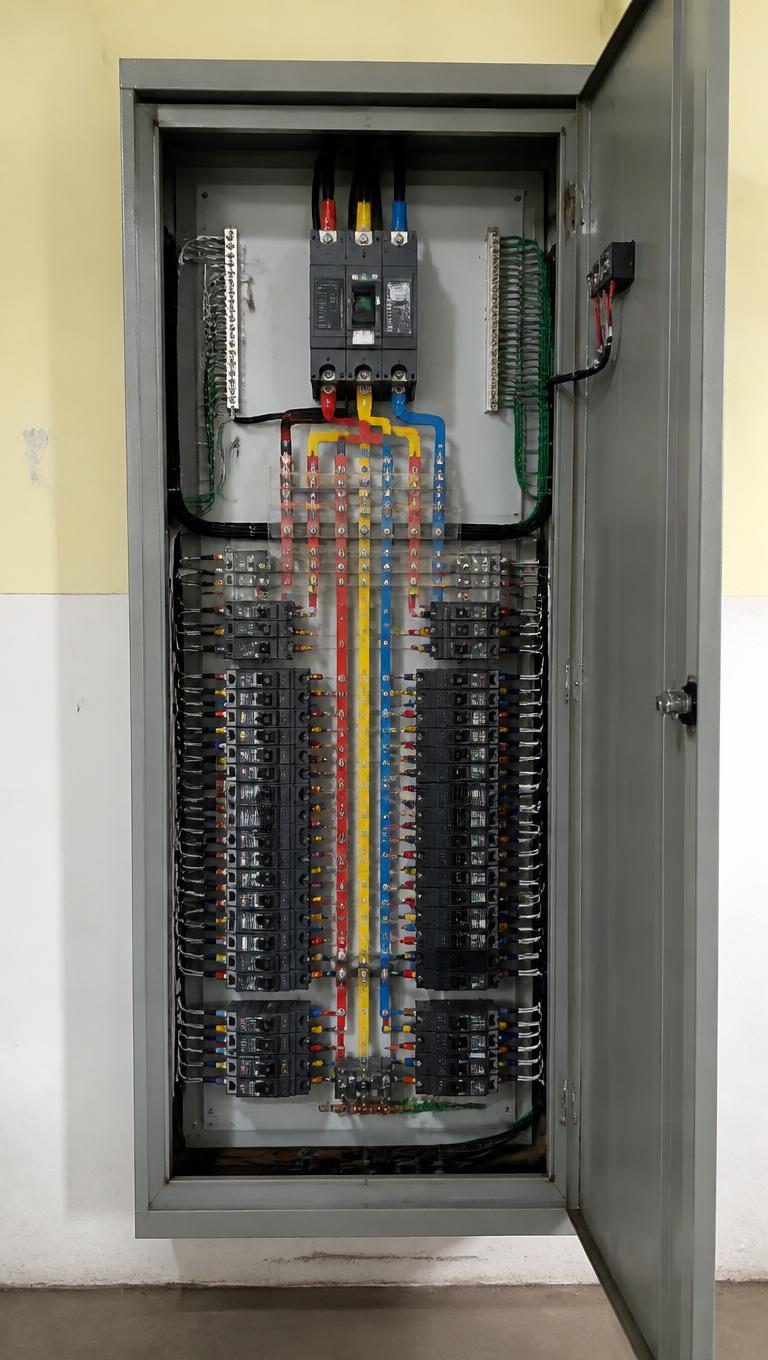 Generated representation of a grey three-phase main distribution board on a cream-yellow and white Malaysian factory wall